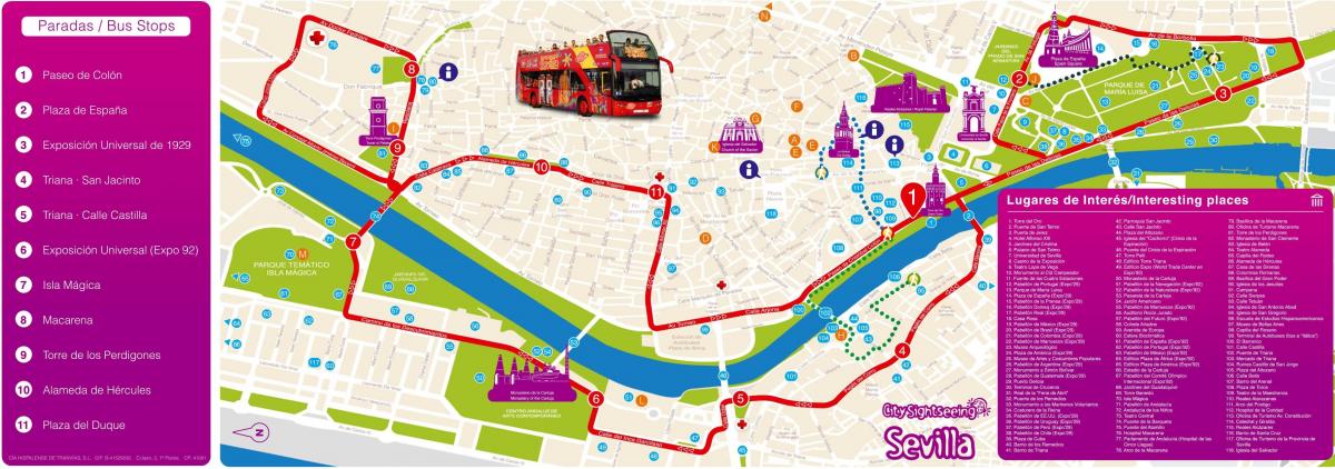 Sevilla Hop On Hop Off bus touren kaart