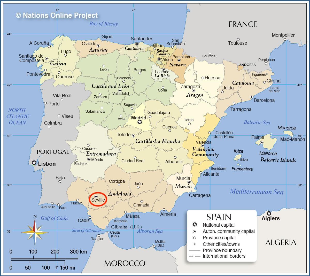Sevilla op de kaart van Spanje