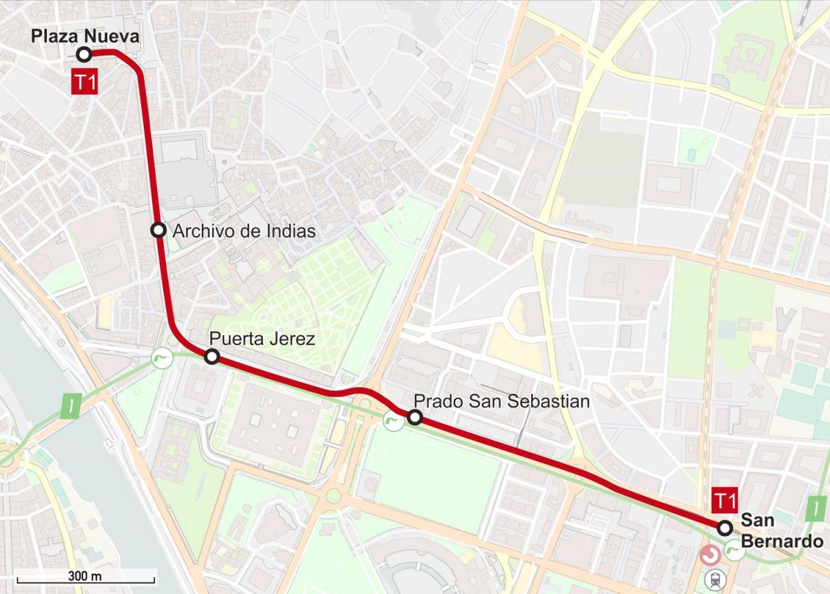 Kaart van de tramstations in Sevilla